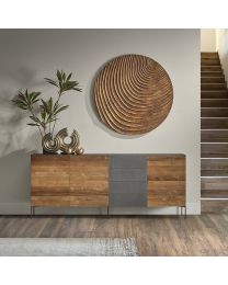 3-door Cupboard In Recycled Teak With 4 Drawers, Metal Finish